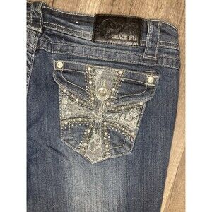 Grace in LA Jeans 34x30 Womens 30 Dark Wash Embellished Pockets Boot Cut Cross